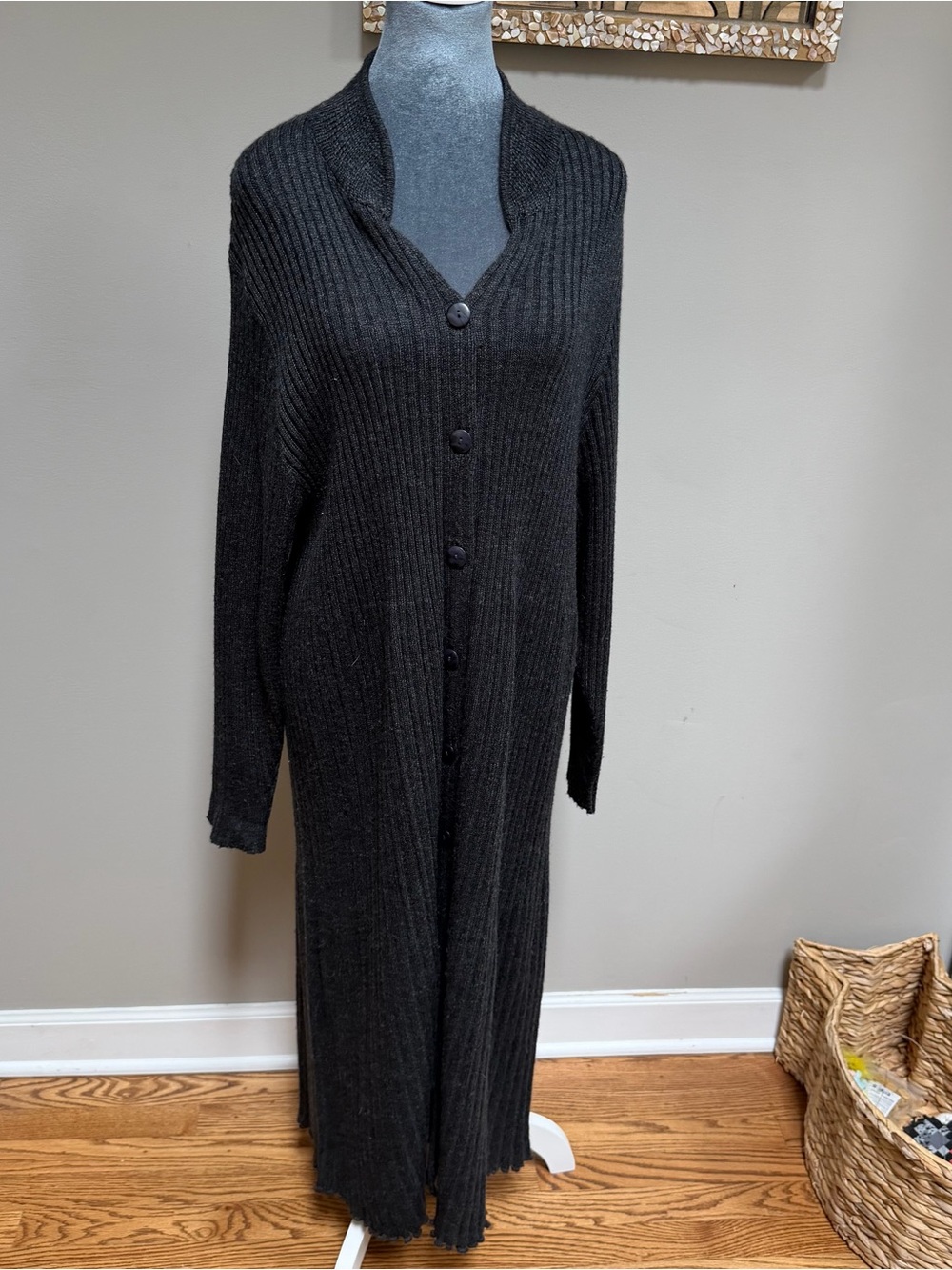 Vintage April Too! Cornell Wool Blend Long Sweater Coat Duster Jacket Dark Grey